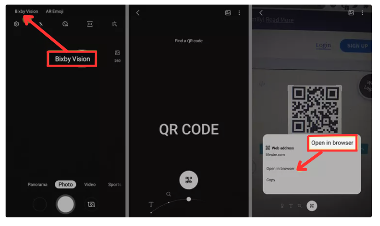 Appuyez sur l’option « Bixby Vision » se trouvant en haut à gauche de l’écran  Vous pouvez désormais flasher le QR Code à l’aide de l’appareil photo Enfin, le lien du QR Code devrait être disponible, cliquez sur ce dernier afin d’être redirigé vers l’adresse web ou le site mobile en question.