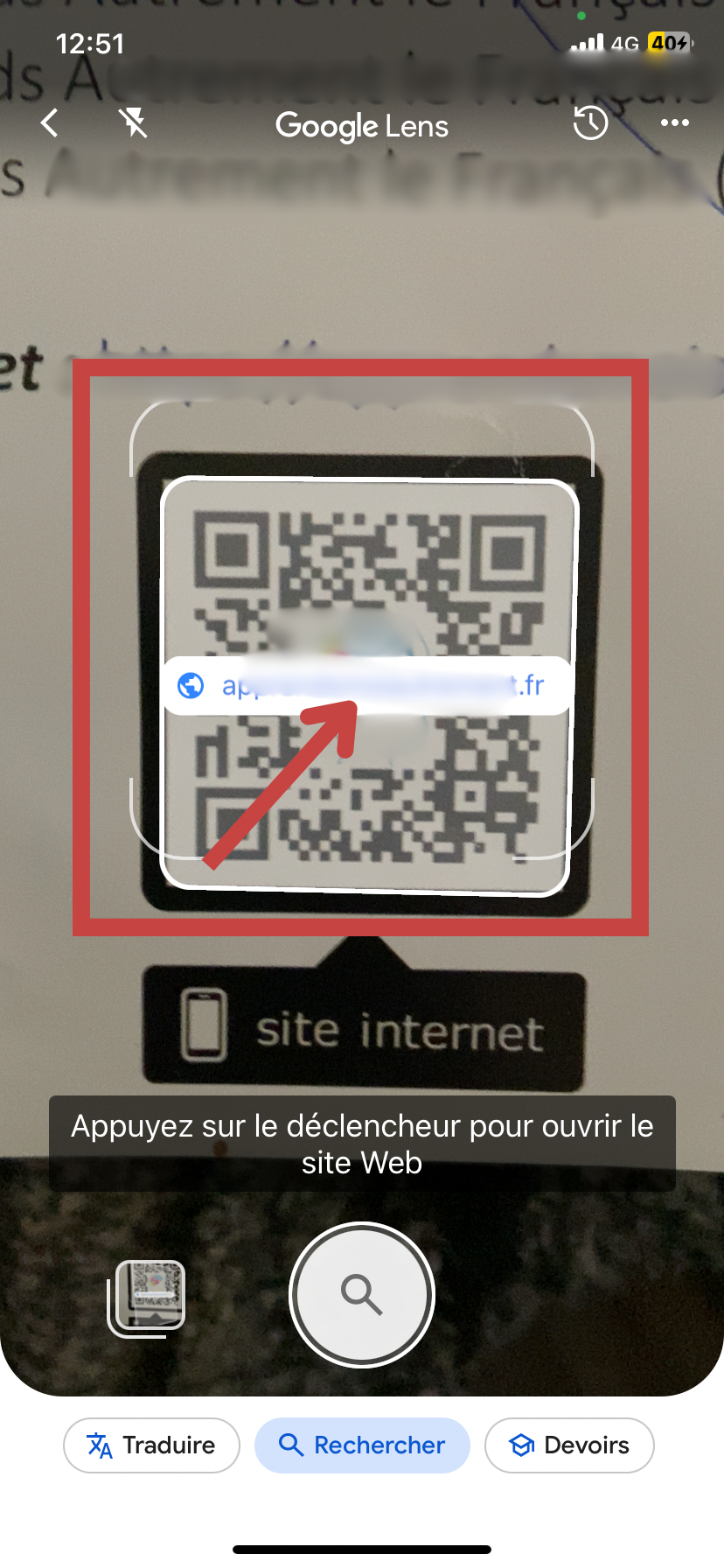 Désormais, le lien devrait s’afficher sur l’écran Cliquez sur le lien du QR code pour être dirigé vers le site ou page web souhaité et accéder aux renseignements.