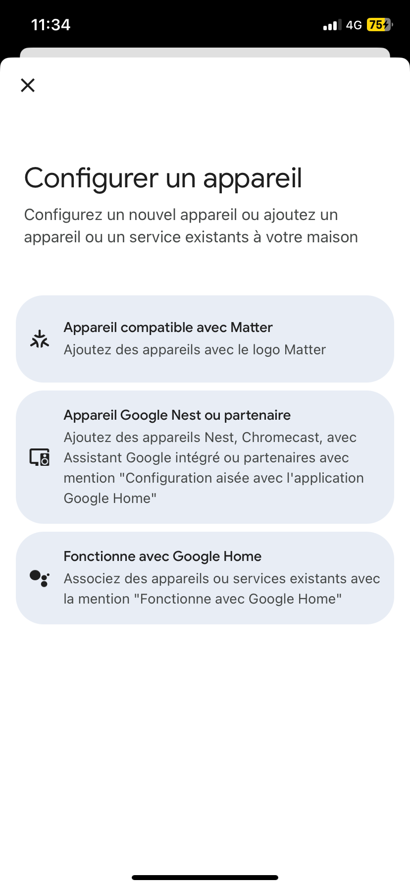 Sélectionnez « Configurer un appareil » puis choisissez votre catégorie (ampoule, téléphone, télévision, enceinte…).
Suivez les instructions à l’écran pour le synchroniser.