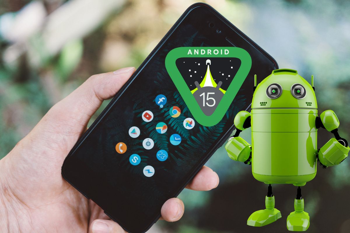 Un smartphone avec le logo Android 15 et un robot vert.