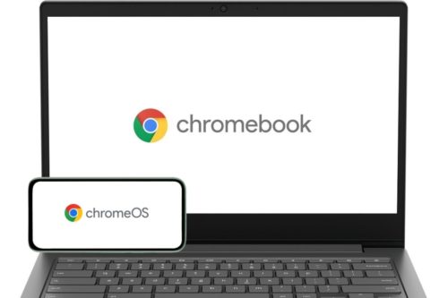 Un ordinateur portable avec l'écran affichant Chromebook et un smartphone affichant ChromeOS.