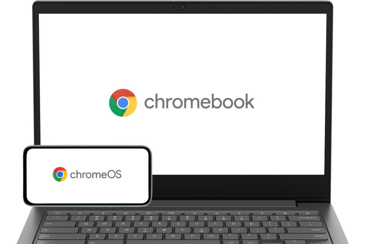 Un ordinateur portable avec l'écran affichant Chromebook et un smartphone affichant ChromeOS.