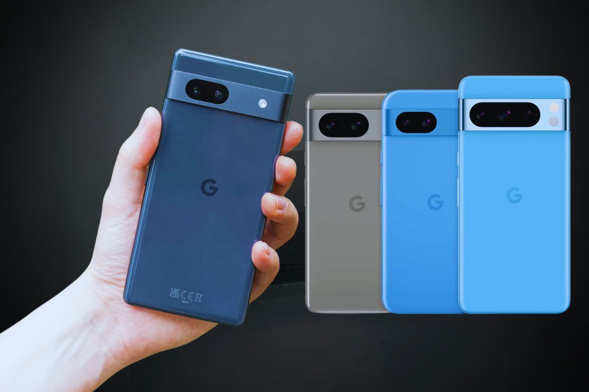 Différentes couleurs du nouveau smartphone Google Pixel 8a tenu en main.