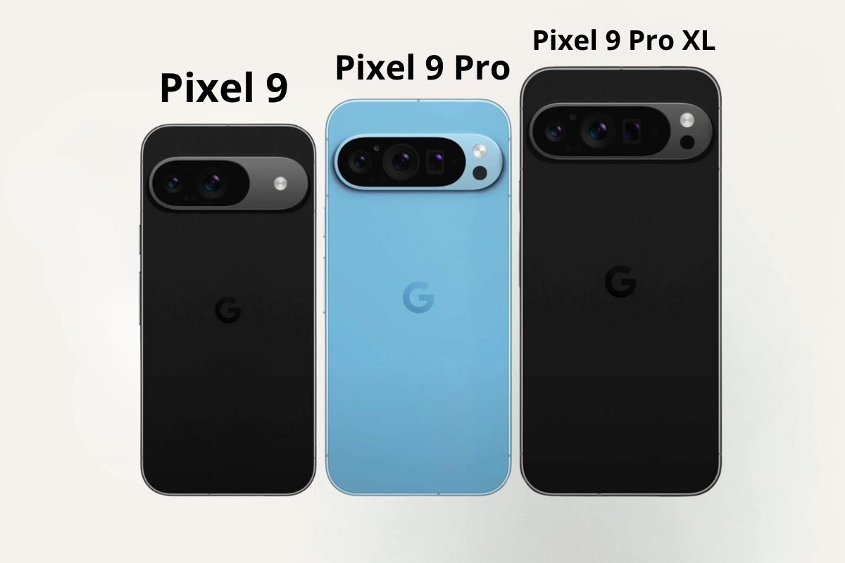 Trois modèles de Google Pixel 9 : Pixel 9, Pixel 9 Pro, et Pixel 9 Pro XL en noir et bleu.