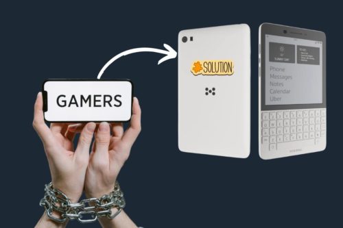 Mains enchaînées tenant un smartphone avec le mot "GAMERS"