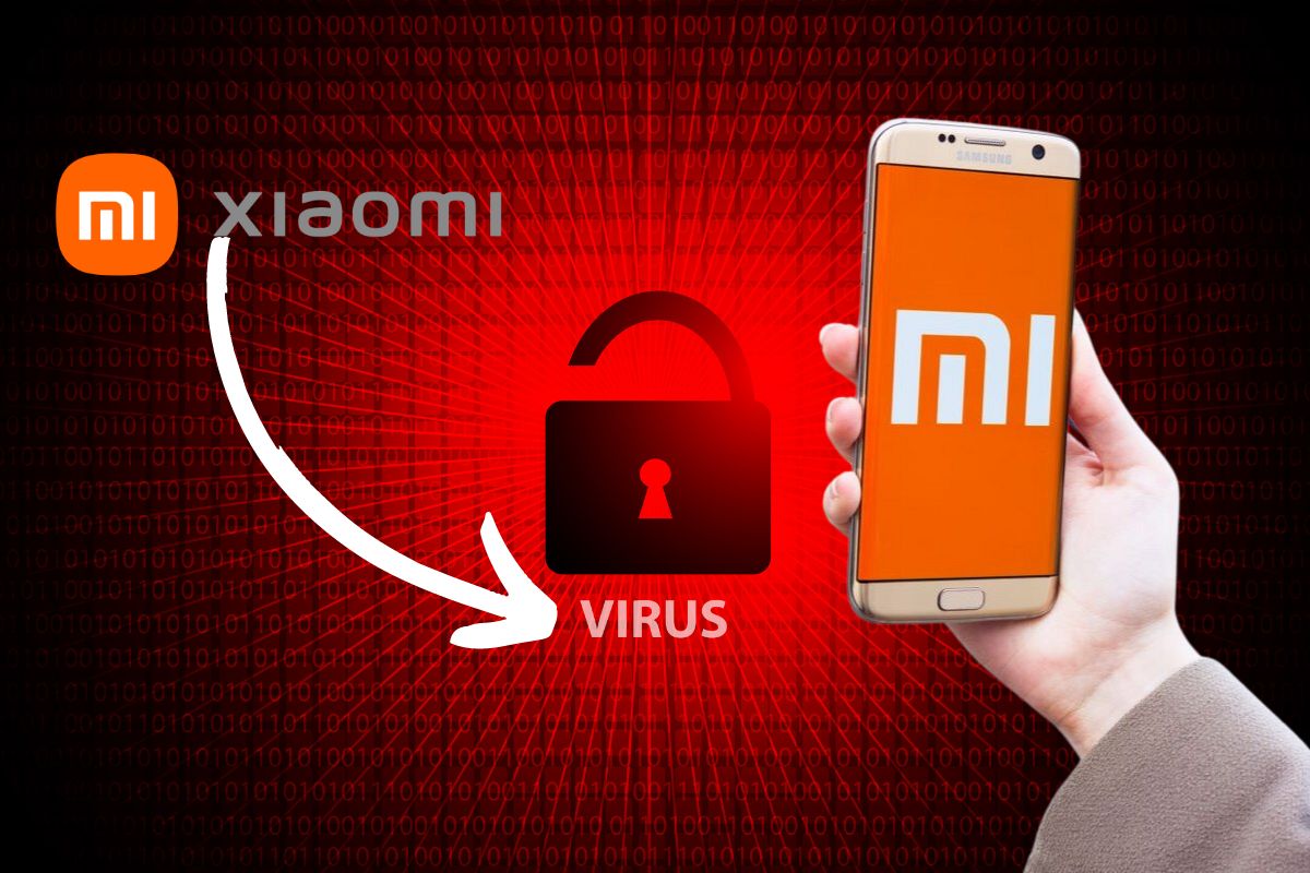Main tenant un smartphone Xiaomi devant un fond numérique rouge avec un cadenas et des alertes de virus.